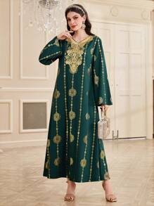 Al Najma Women's Arabic Floral Print Gold Foil Print Dress, Elegant Evening Party Dress