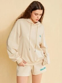 Forever 21 Set Di Felpa Con Cappuccio E Pantaloncini, Stampa Lettera Da Donna Con Cordino