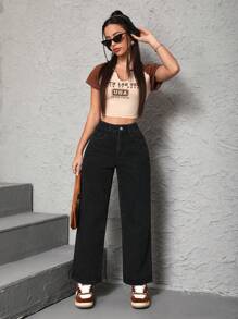 SHEIN PETITE Women's Mid-Rise Straight Leg Jeans - Black - View 5