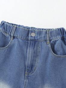 Quần denim xanh giặt vừa cho bé gái tuổi mới lớn, quần ống loe hai lớp, quần dài cá tính, trang phục dạo phố phù hợp - Rửa trung bình - Xem 3