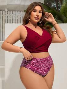 SHEIN Swim Curve 夏季海滩大码女式交叉波尔卡圆点比基尼套装新年 - 酒紅色 - 查看 3