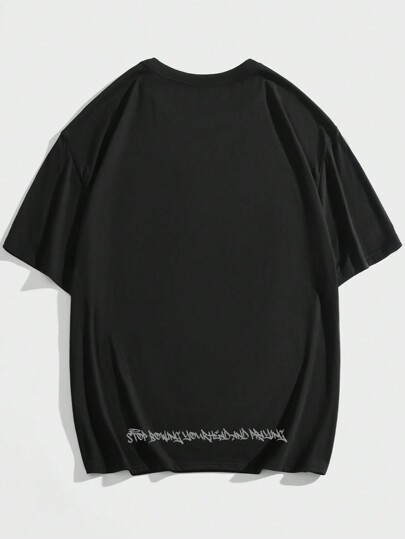 Goth T-shirt Col Rond Imprimé Lettres Et Visages Pour Hommes