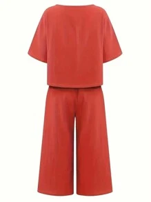 INAWLY Của phụ nữ Màu thuần Vòng cổ Bộ đồ trên và quần - Màu Cam cháy - Xem 2