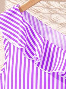 Tween Girl Vacation Striped Spaghetti Strap Dress With Ruffle Hemline, Perfect For Beach Holiday,Holiday,Summer,Travel - Purple - View 3