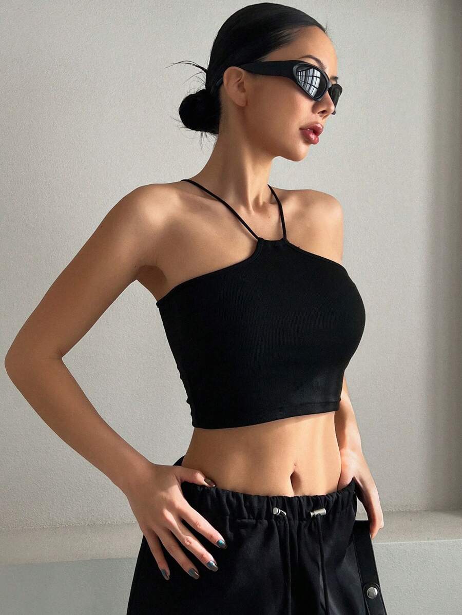 DAZY Solid Color Slim Fit Stretchy Crop Top With Halter Neck For Women Going Out Tops Festival Summer - Black - View 1