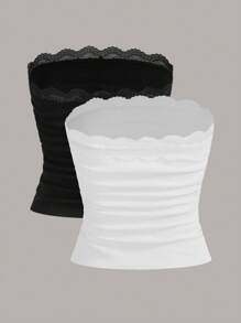 SHEIN Teen Girl Knitted Solid Color Lace Decorated Casual Tube Top With Matching Cardigan Two Pieces Set - Black and White - View 2