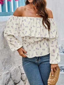 SHEIN LUNE Ditsy Floral Ruffled Cold Shoulder Blouse - Apricot - View 4