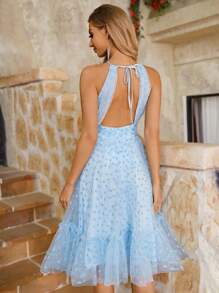 SHEIN Belle Elegant Women's Blue Mesh Sweetheart Halter Backless A-Line Suspender Dress, Graduation Season Day Party Cocktail Dress - Blue - View 2
