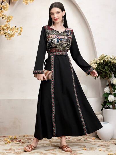 Al Najma Women's Arabic Floral Print Long Sleeve Dress, Modest