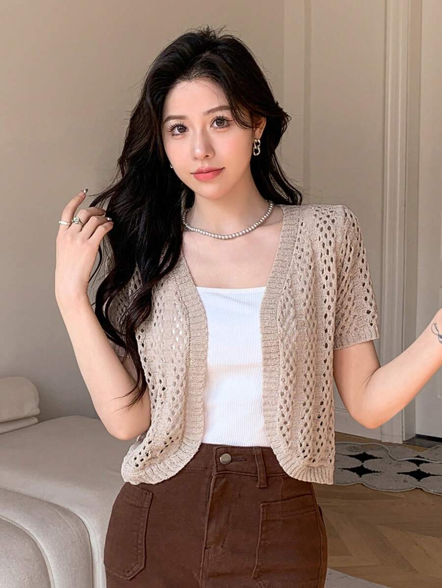 DAZY Solid Color Short Sleeve Hollow Out Knitted Ladies' Cardigan Summer - Apricot - View 1