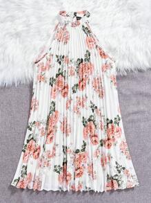 SHEIN VCAY Floral Printed Halter Neck Vacation Pink Dress - White - View 4