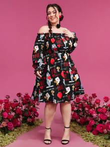 TOM & JERRY X SHEIN Plus Cartoon Graphic Off Shoulder Dress - Black - View 6