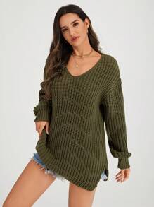 SHEIN LUNE Women's Slit Hem Drop Shoulder Sweater - Army Green - View 3