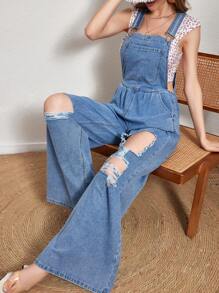 Breezaya Women's Pocket & Front Ripped Denim Overalls - Light Wash - View 5
