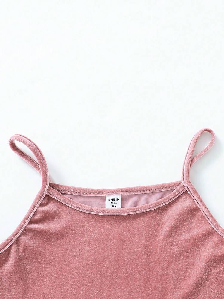 Teen Girl's Simple Design Velvet Cami Sleepdress And Matching Long Robe Two-Piece Homewear Set, Light Pink