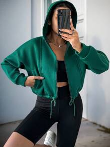 SHEIN Cottnline Drop Shoulder Drawstring Hem Zip Up Hoodie