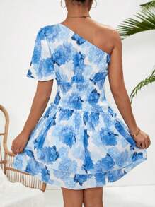 Breezaya Vestido De Cintura De Flores Para Mujer Con Un Solo Hombro Y Mangas Cortas Fruncidas