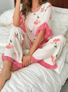 CottageSlumber Ladies' Floral Printed Short-Sleeve Pajama Set - Pink - View 1