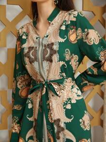 Al Najma 女士長袖風卡夫坦連衣裙,帶著派斯利印花 - 綠色 - 查看 6
