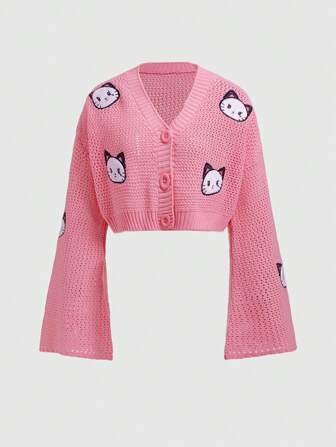Kawaii Cárdigan de mujer con bordado de gato de dibujos animados y mangas con campana, color rosa
