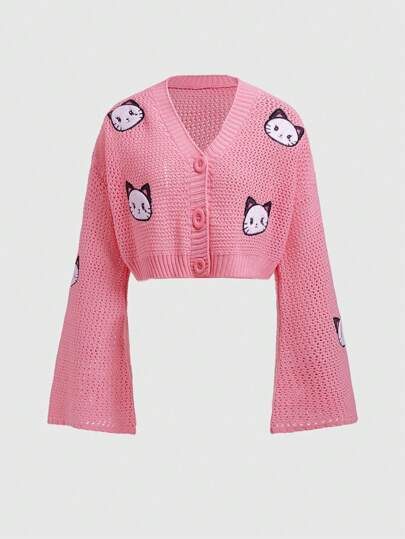 Kawaii Cardigan à manches évasées avec broderie de chat de dessin animé pour femmes, rose