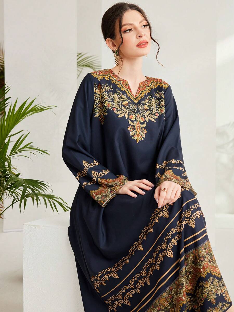 Al Najma Của phụ nữ Hoa In Tay áo chuông Đầm - Màu xanh hải quân - Xem 1