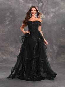 YISIKADO Women's Sparkly Cross Front Mesh Decorated Off Shoulder Evening Dress For Dance Party, Halloween - Black - View 3