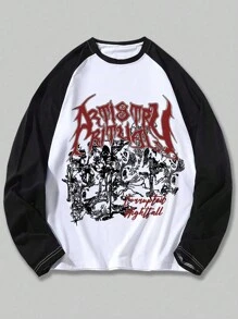 ROMWE MEN Grunge Punk 男式字母印花插肩袖T恤，适合秋季，2000年代风格 - 黑與白 - 查看 3