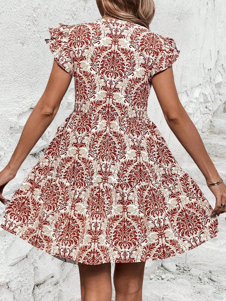 Women's Allover Print Ruffle Sleeve Dress