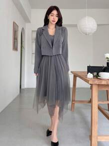 DAZY 女士网纱拼接吊带连衣裙和西装外套两件套，秋季商务装 - 灰色 - 查看 5