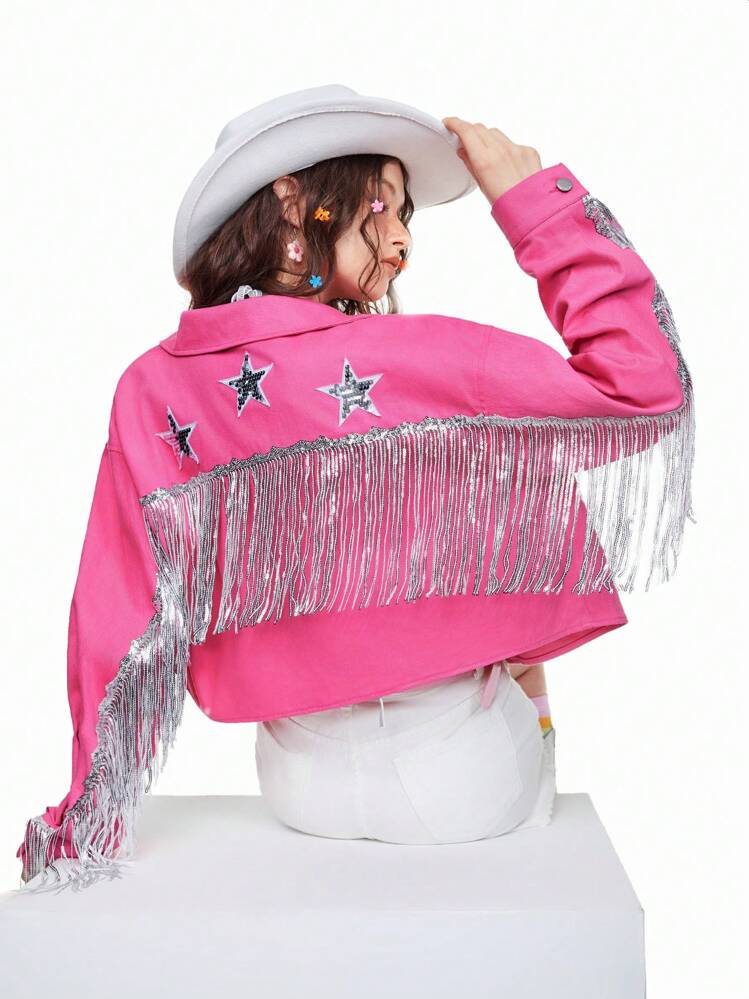 SHEINNeu Chaqueta de mezclilla rosa con flecos, decorada con insignia de estrella y lentejuelas, atuendo de mujer para el Festival de Primavera, ropa de mujer para otoño