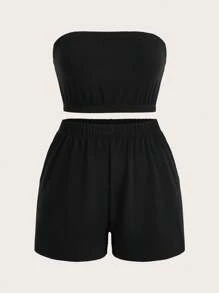 Flirla Kích thước lớn Của phụ nữ Màu thuần Ống ngọn Và Bộ quần short - Nhiều màu - Xem 3