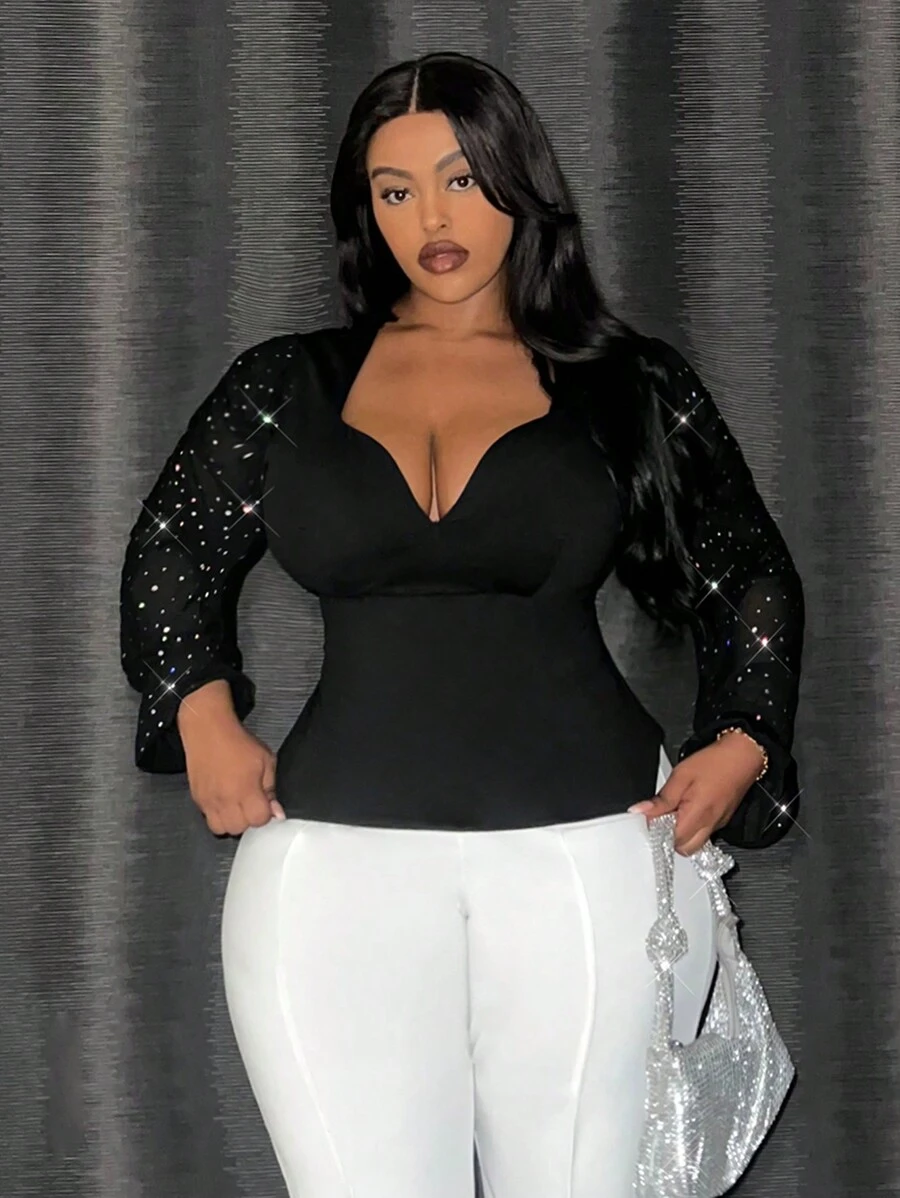 Slaydiva Plus Size Women's Mesh Panel Rhinestone Embellished Long Sleeve Top - Black - View 1