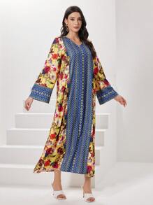 Al Najma Vestido árabe de manga larga con estampado floral - Amarillo - Ver 6