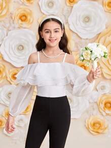 SHEIN Blusa De Organza De Manga Comprida Com Ombros De Fora, Gola De Babados De Camadas Duplas Para Meninas Pré-adolescentes - Branco - Visão 4