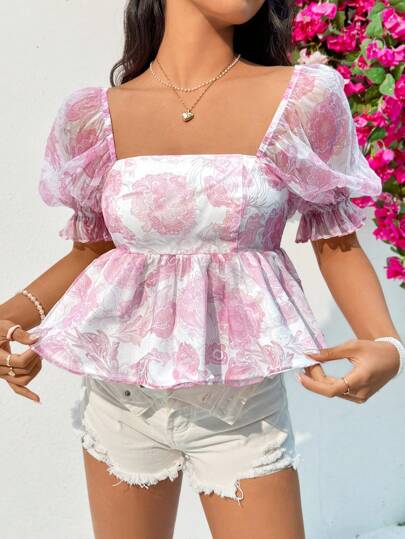 Soleia Women's Square Neck Ruffle Trim Blouse