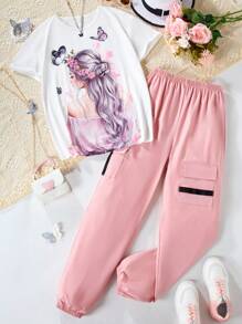 Teen Girls' Cartoon Character Butterfly Printed T-Shirt And Cargo Pants Set - Multicolor - View 2