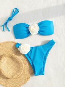 SHEIN Swim Bộ bikini màu khối màu bãi biển mùa hè dành cho nữ với trang trí hoa 3d cho đám cưới - Màu xanh lam - Xem 5