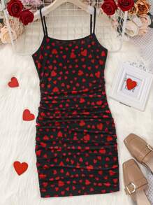 SHEIN Teen Girls' Knit Mesh Heart Pattern Casual Cami Dress - Black - View 1