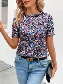SHEIN Clasi Women's Round Neck Short Sleeve Sparkly T-Shirt - Blue - View 6