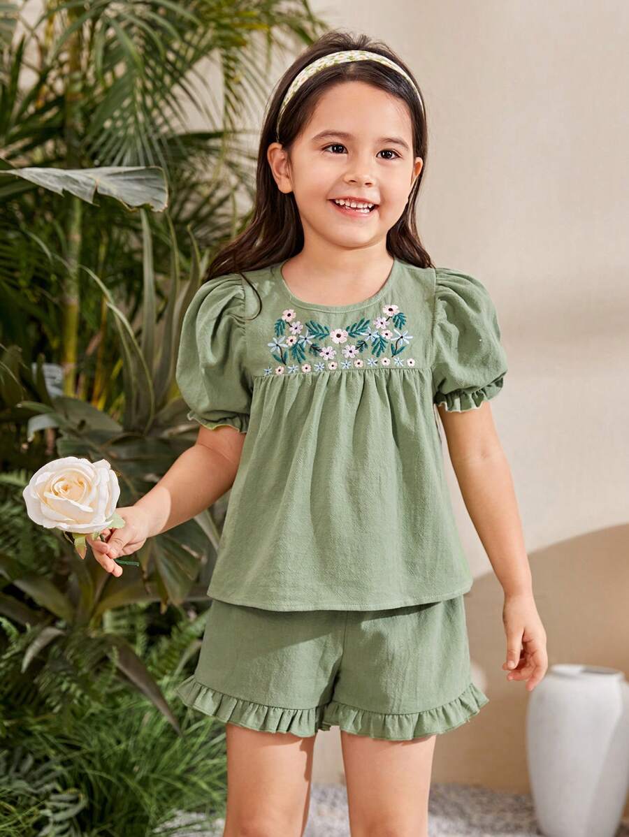 SHEIN Young Girl's Embroidered Short Sleeve Top With Puff Sleeves And Woven Solid Color Ruffle Shorts Two-Piece Set For Summer Vacation - Green - View 1