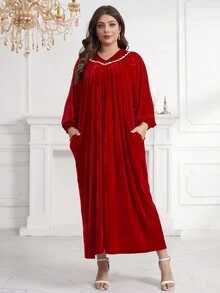 加大尺碼燈籠袖折疊褶皺斜口袋連衣裙 - 紅色 - 查看 1