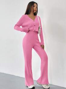SHEIN EZwear Autumn And Winter 2pcs/Set Women V-Neck Button Decor Contrast Color Long Sleeve Top And Knitted Long Pants Sweater Suit - Pink - View 3