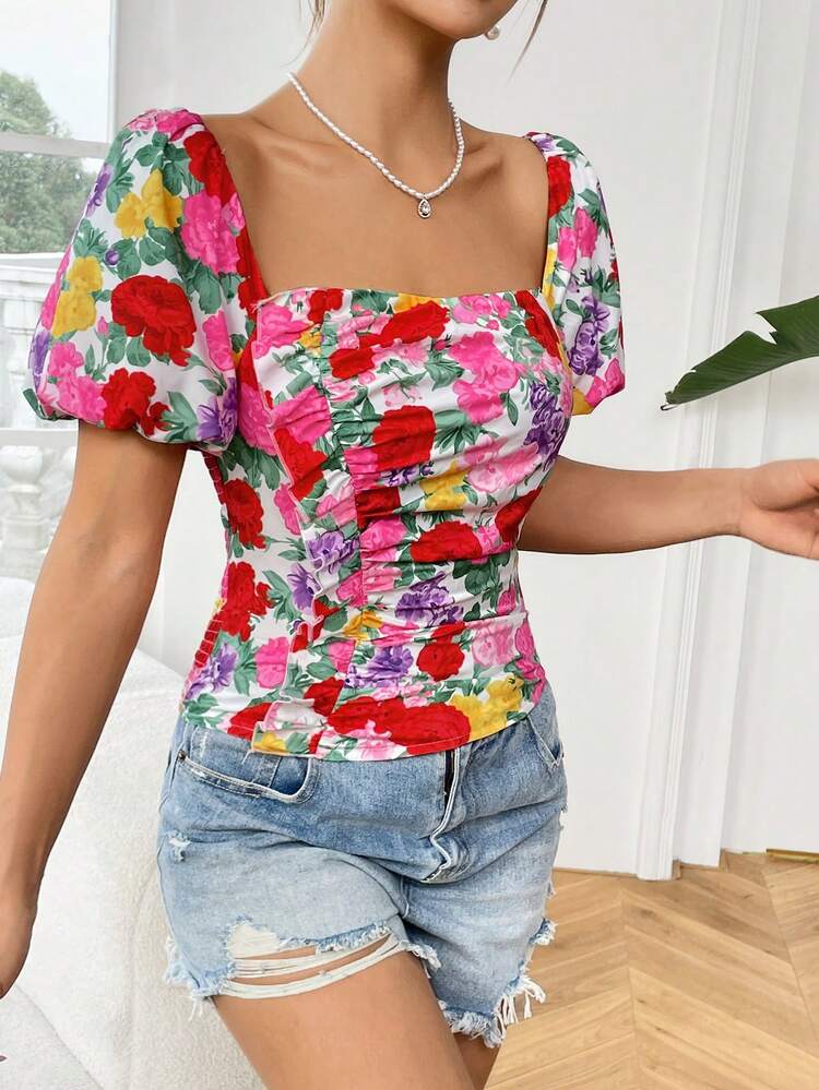 Floral Printed Puff Sleeve Shirt