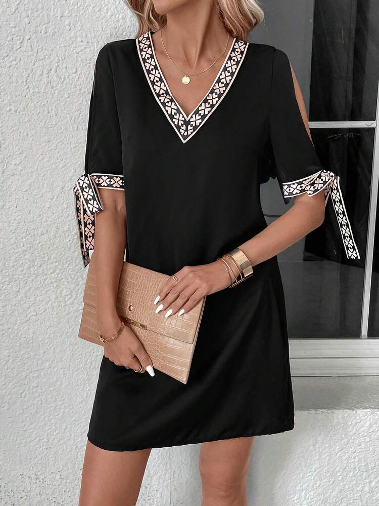 Cold Shoulder Geometric Tape Patchwork Dress