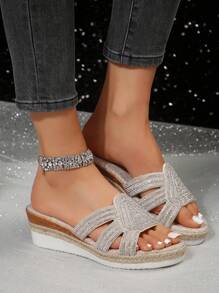 Rhinestone Decor Wedge Platform Sandals For Women, Suitable For Party/Occasion Valentines