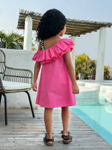 SHEIN Young Girl Urban Fashion One Shoulder Ruffle Hem Dress For Spring/Summer - Hot Pink - View 2