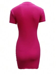 SHEIN EZwear Women's Front Zipper Short Sleeve Bodycon Dress - Hot Pink - View 2