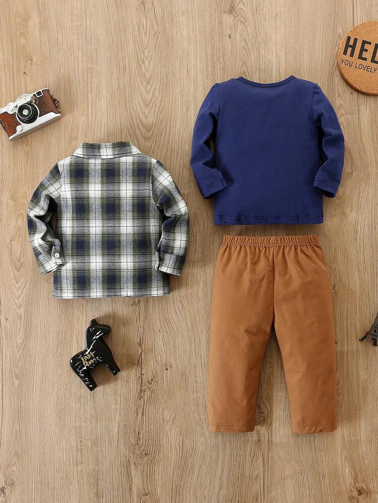 3pcs Baby Girls' Casual Long Sleeve T-shirt, Checkered Shirt, Pocket Pants Outfits