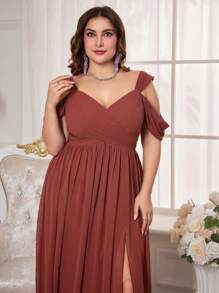 UNITHORSE 大码女士露肩短袖雪纺婚纱、优雅礼服、生日礼服、毕业礼服、正式礼服、伴娘礼服 - 紅木色 - 查看 3